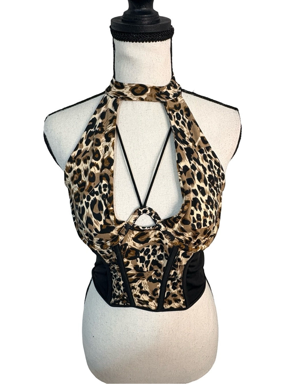 Leopard Print Halter Corset Top Open Back Y2K Brown Black Medium - Picture 2 of 7